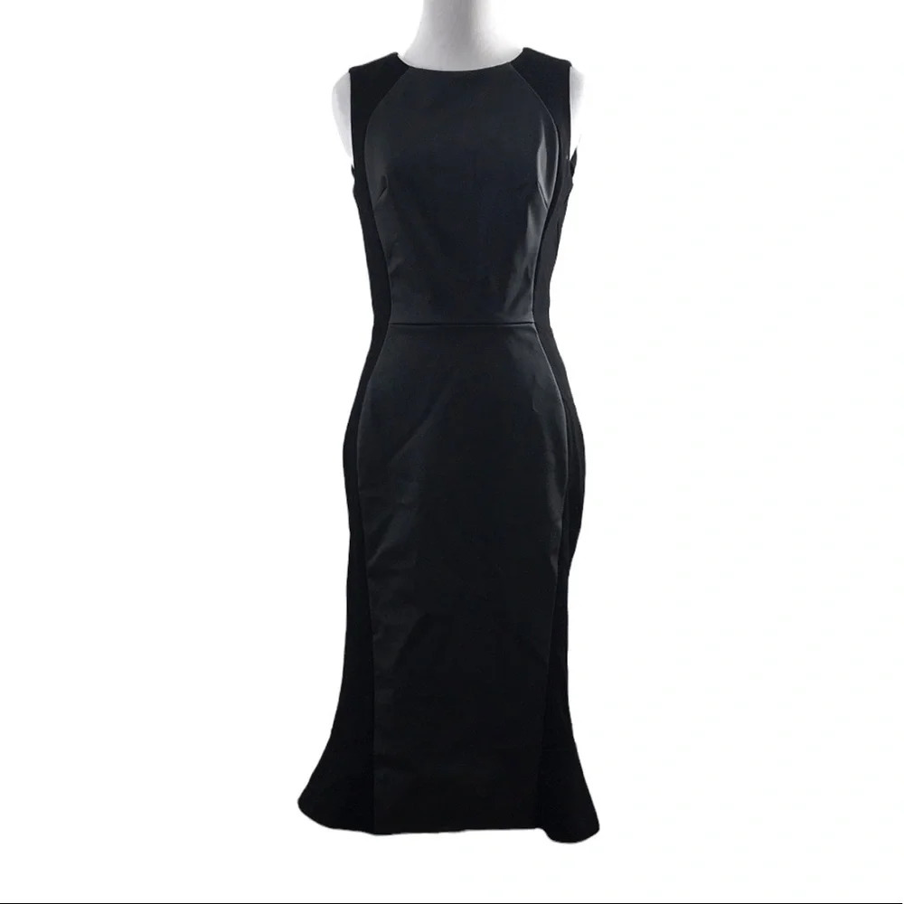 Kora Rae Black Midi Sheath Dress Womens 6 Sleeveless‎ Faux Leather Illusion